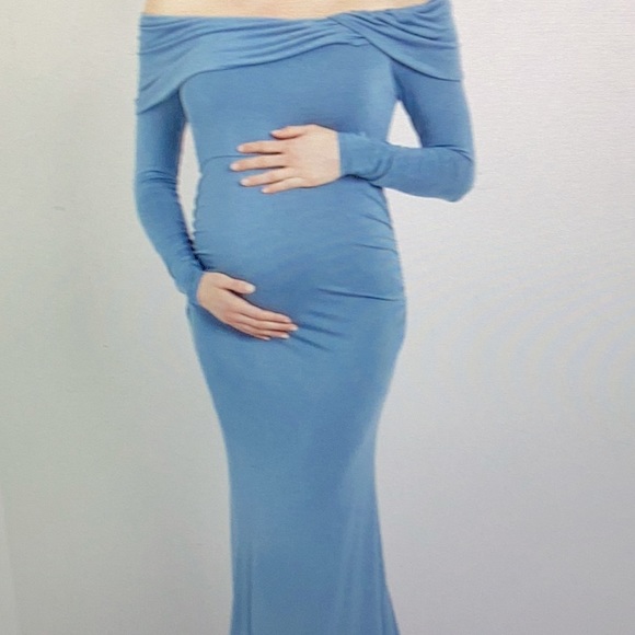Motherhood Maternity Dresses & Skirts - Off- Shoulder Maternity Gown And Photoshoot Dress Blue Shimmer